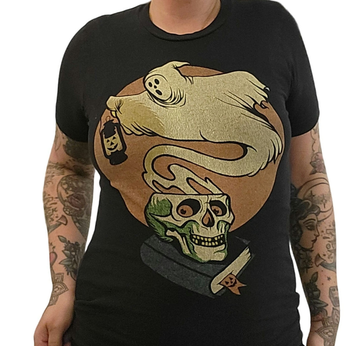 Small Black Bella Canvas Halloween T-Shirt Ghost Skull Orange Short Sleeve