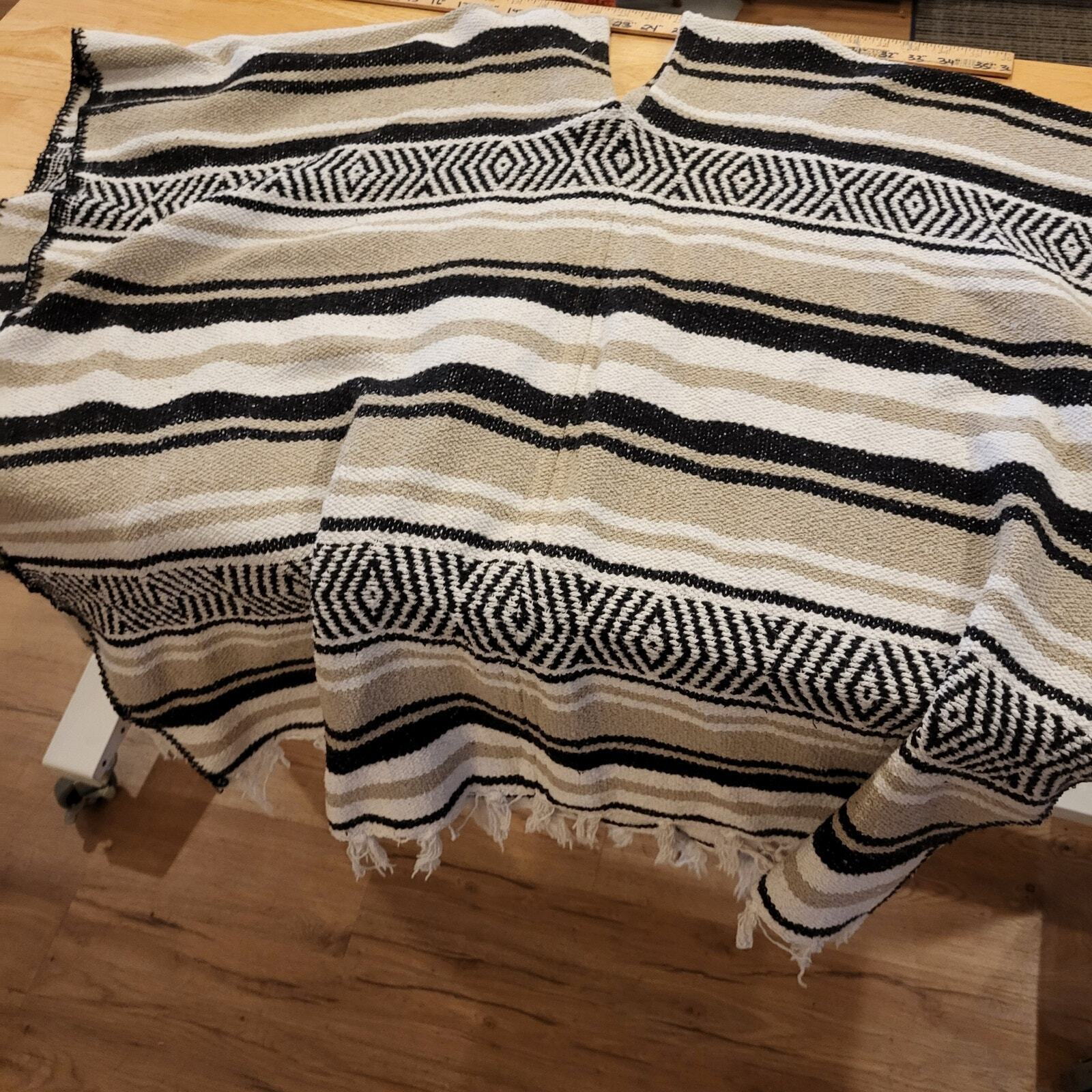 Handmade Mexican Gray Black Striped Poncho Two Ways To Wear Cotton Blend 