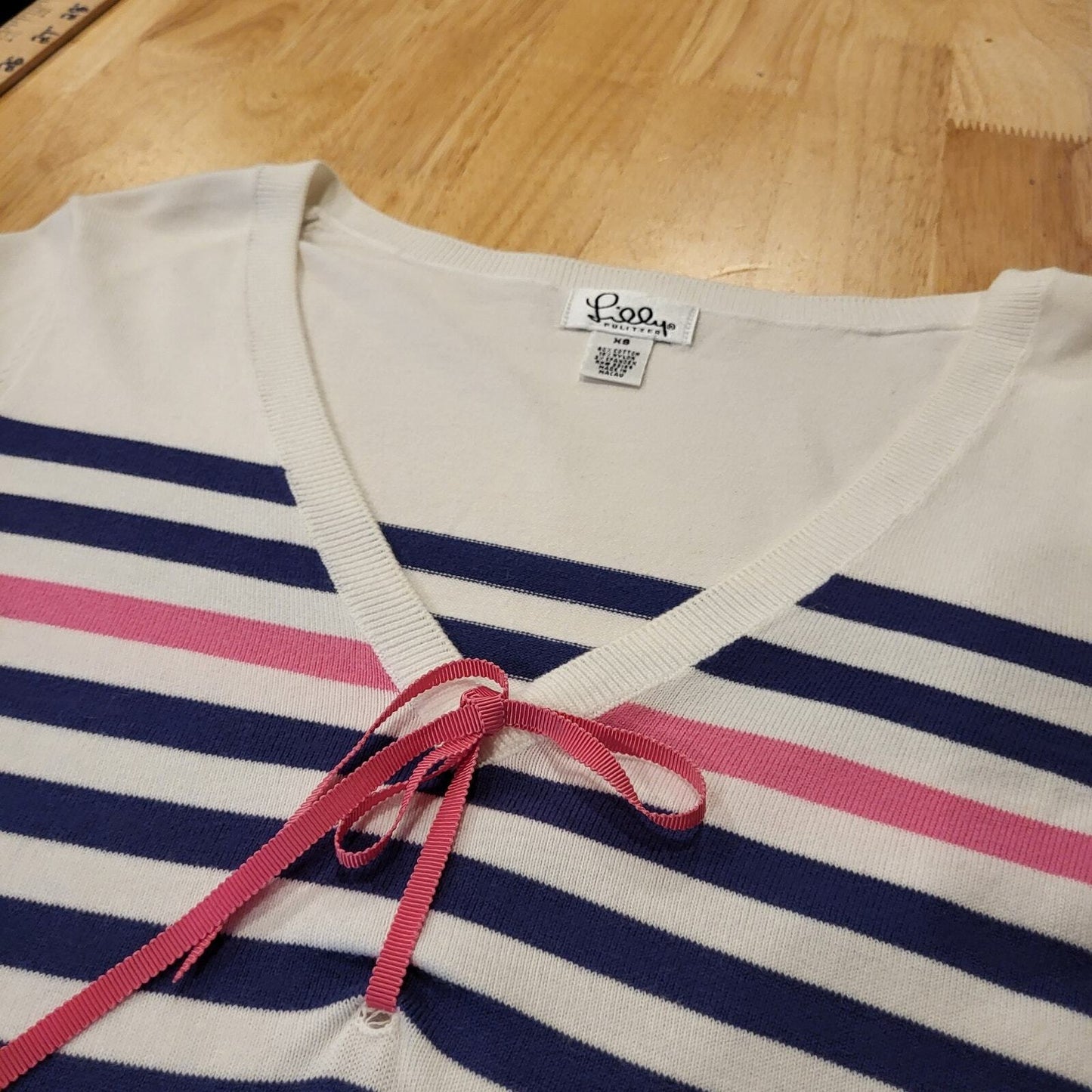 Lilly Pulitzer Blue Pink & White V Neck Long Sleeve Striped Sweater Bow XS