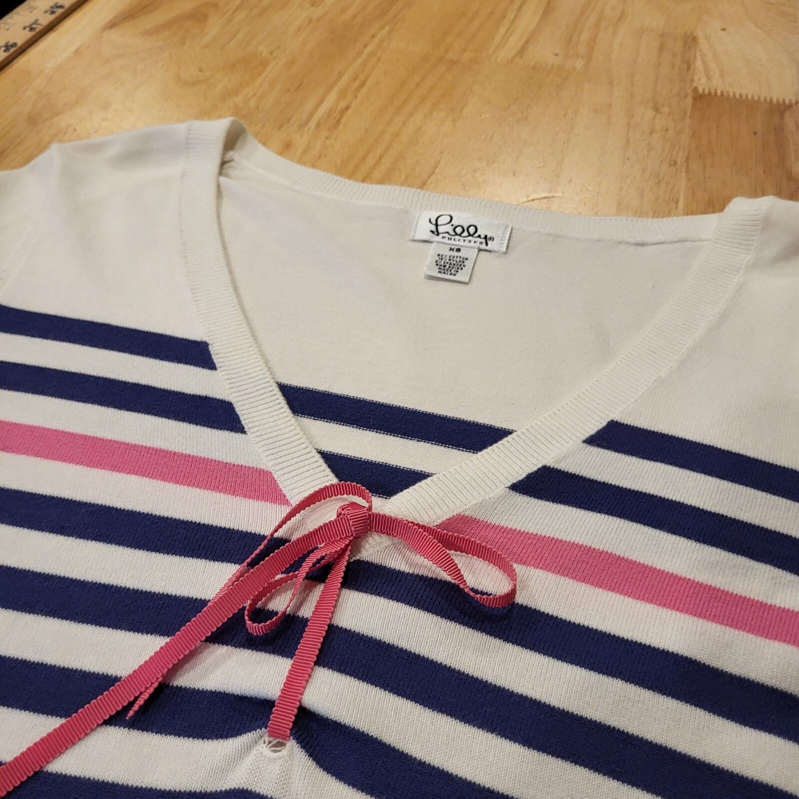 Lilly Pulitzer Blue Pink & White V Neck Long Sleeve Striped Sweater Bow XS