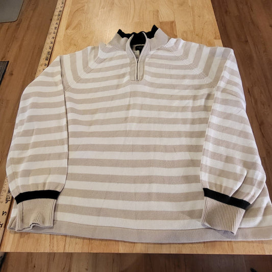 Collectable by Parkhurst Beige White Striped 1/4 Zip Sweater 100% Cotton Large