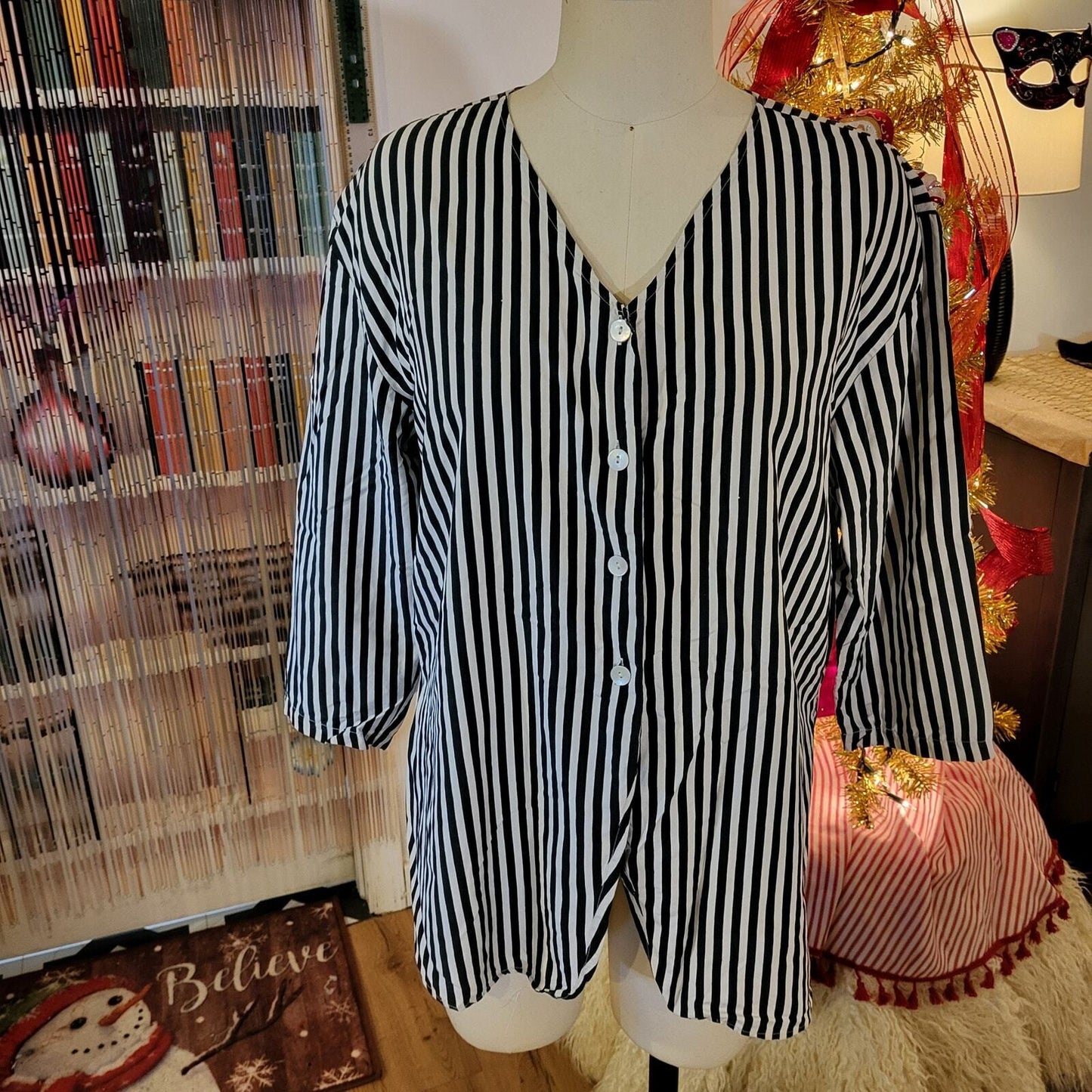 Vintage Black & White Striped Button Front Long Sleeve Blouse Medium
