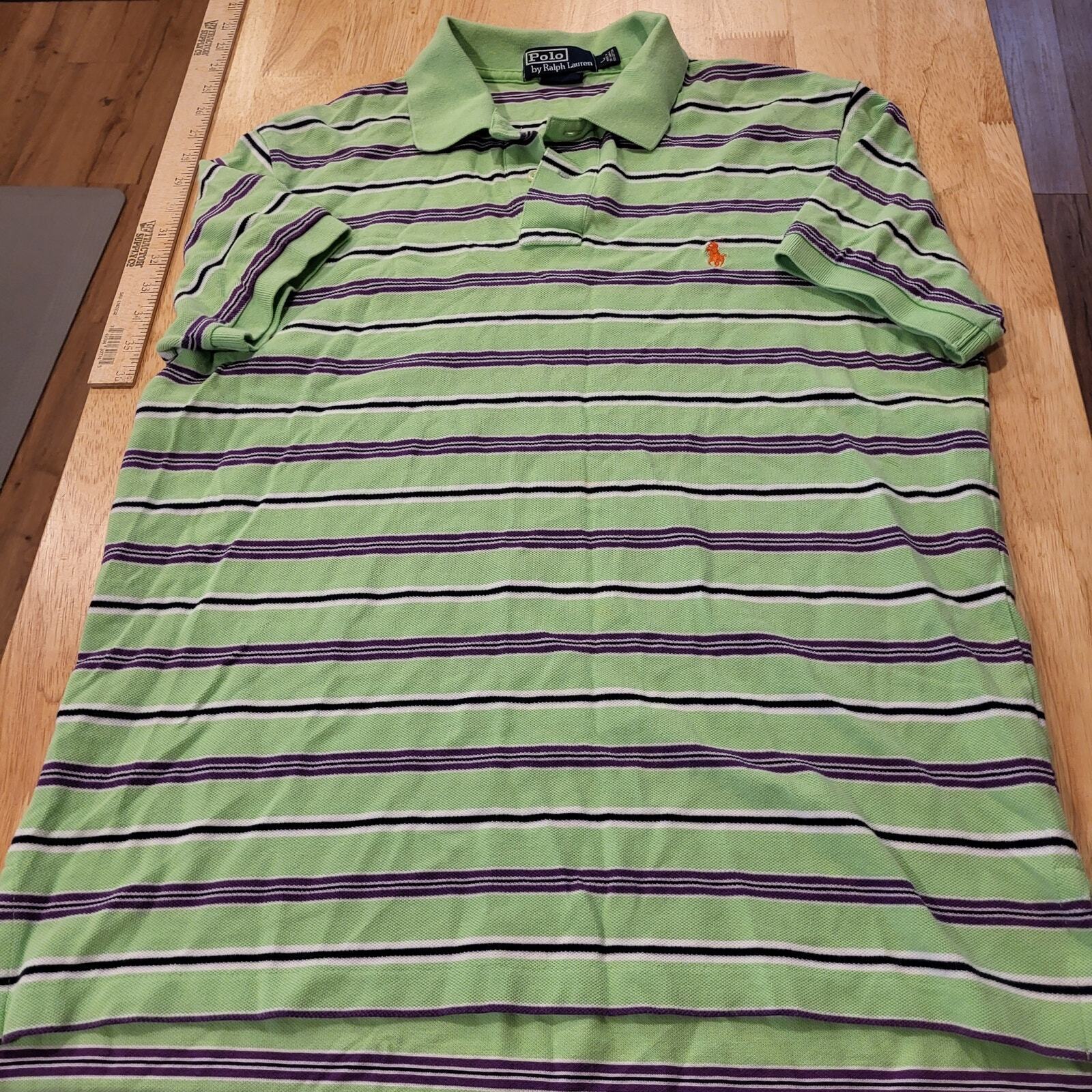Ralph Lauren Green Striped Golf Polo Blue Detail Large Red Logo
