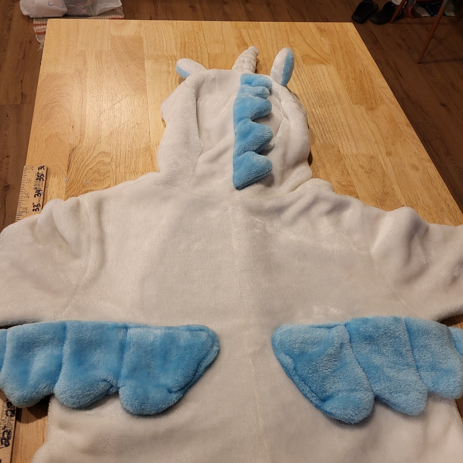 Blue & White Pegasus Unicorn Fuzzy One Piece Costume Button  hood wings horn 