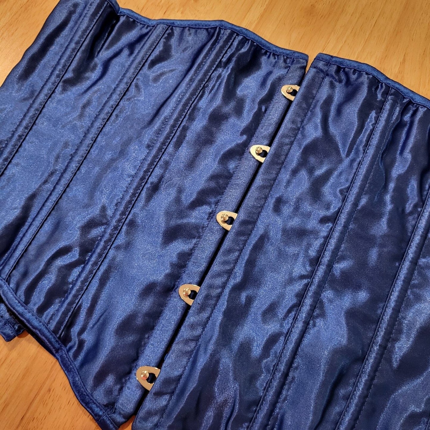 Size Medium Blue Satin Metal Busk Under Bust Corset Measurements in Photos. 