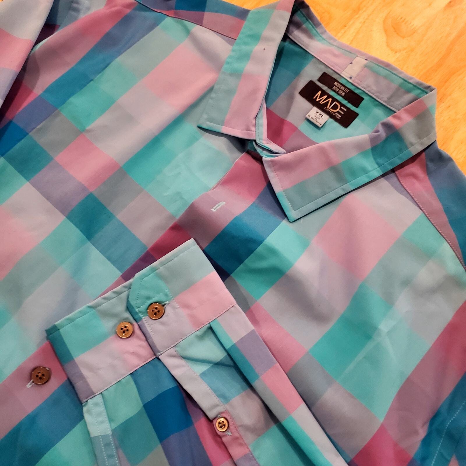Cam Newton Made XXL Purple Turquoise Plaid Button Down Non-iron 