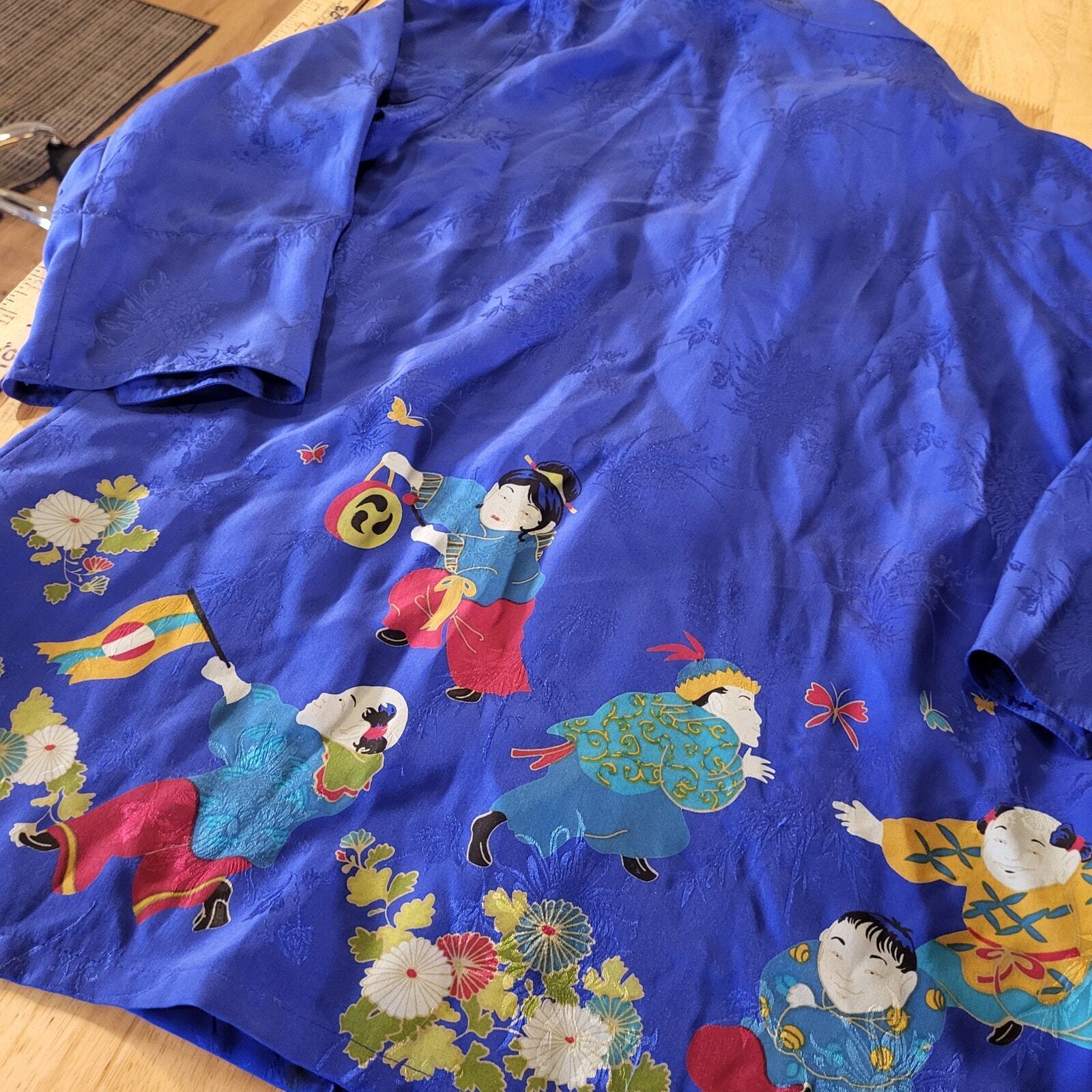 Vintage Chico's Design Size 0 Chinese Printed Silk Blouse 3/4 Sleeve  Button 