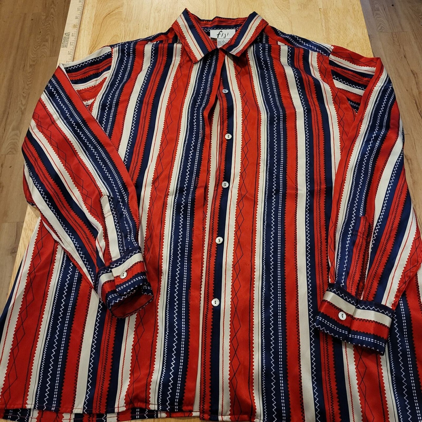 Fiji 100% Silk Collared Button Down Blouse Red White Blue Striped 