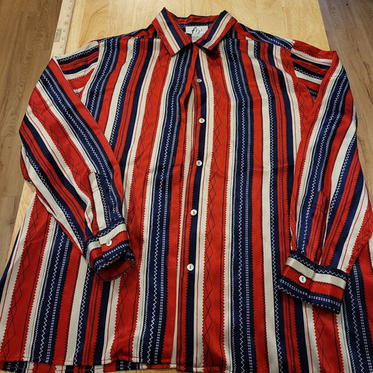 Fiji 100% Silk Collared Button Down Blouse Red White Blue Striped 