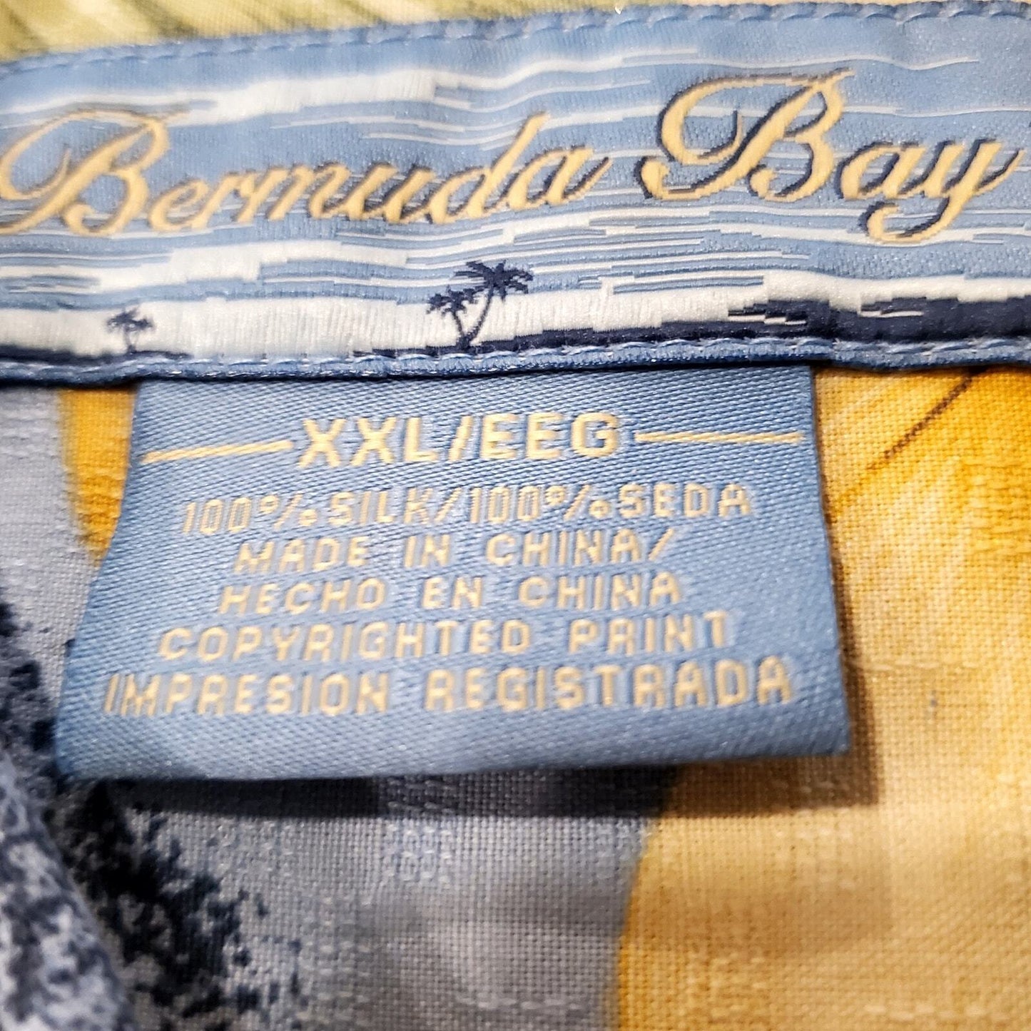 Bermuda Bay 100% Silk XXL Hawaiian Print Button Down Yellow Blue Floral 