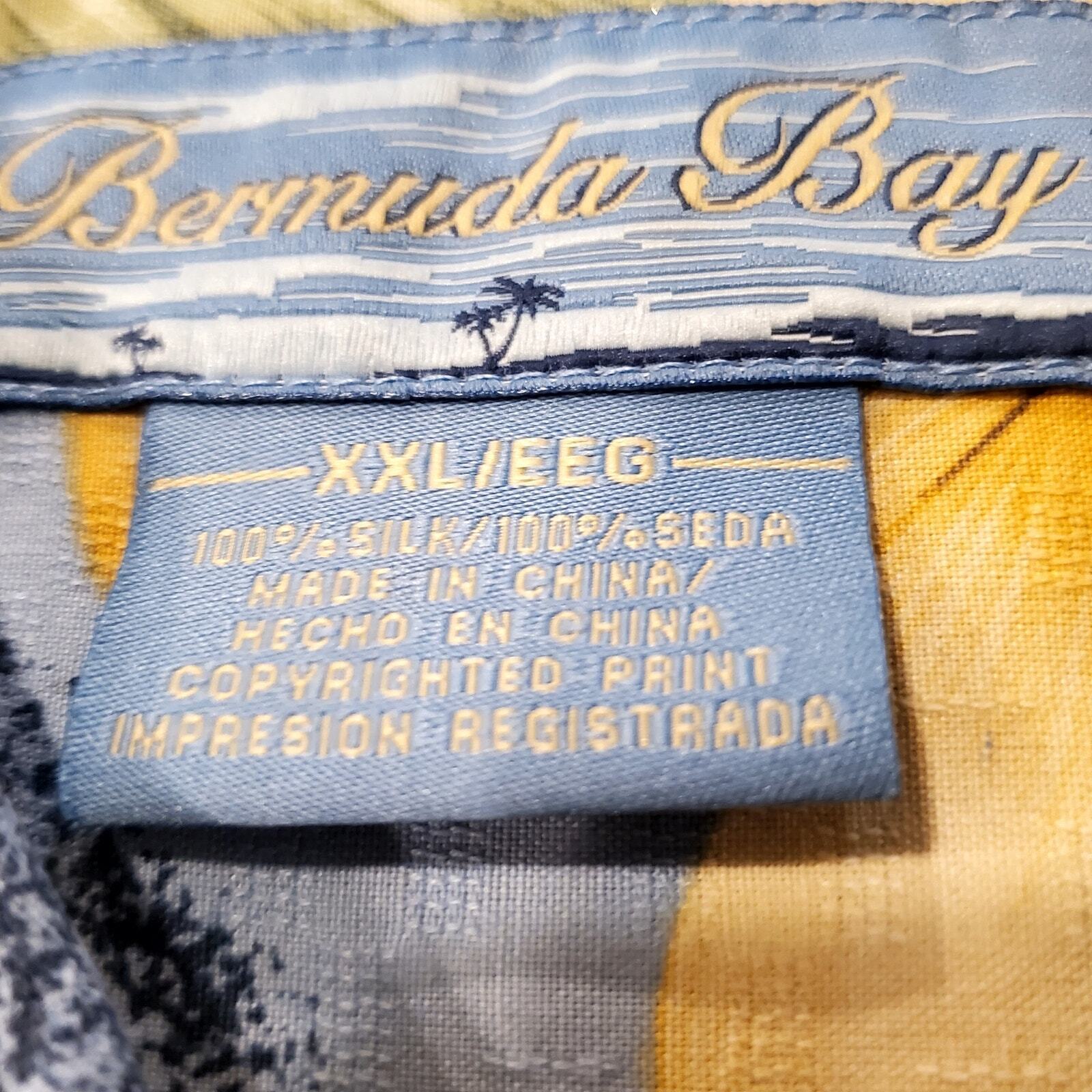 Bermuda Bay 100% Silk XXL Hawaiian Print Button Down Yellow Blue Floral 