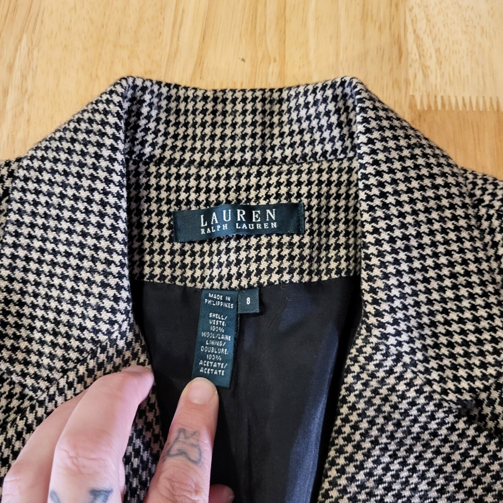 Lauren Ralph Lauren 100% Wool Brown Houndstooth Riding Jacket Pockets 8