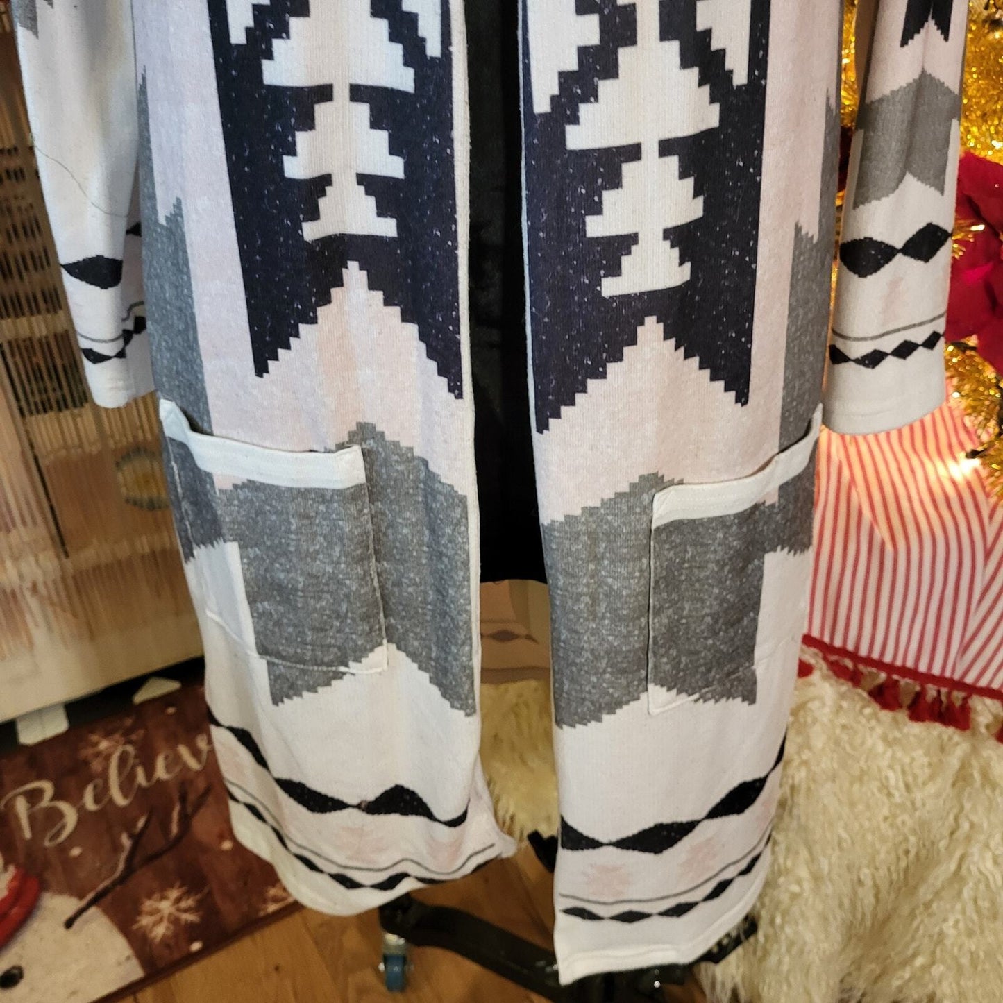 Aztec Print Long Jersey Cardigan Pink Gray Black Lightweight Probably Shein