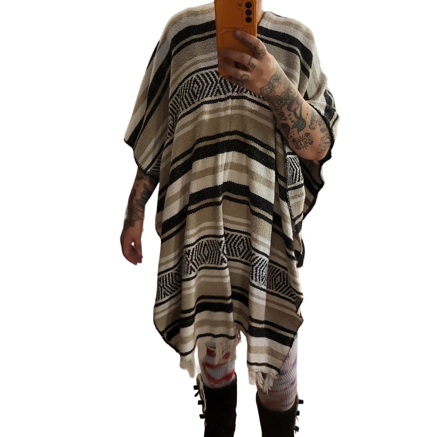 Handmade Mexican Gray Black Striped Poncho Two Ways To Wear Cotton Blend 