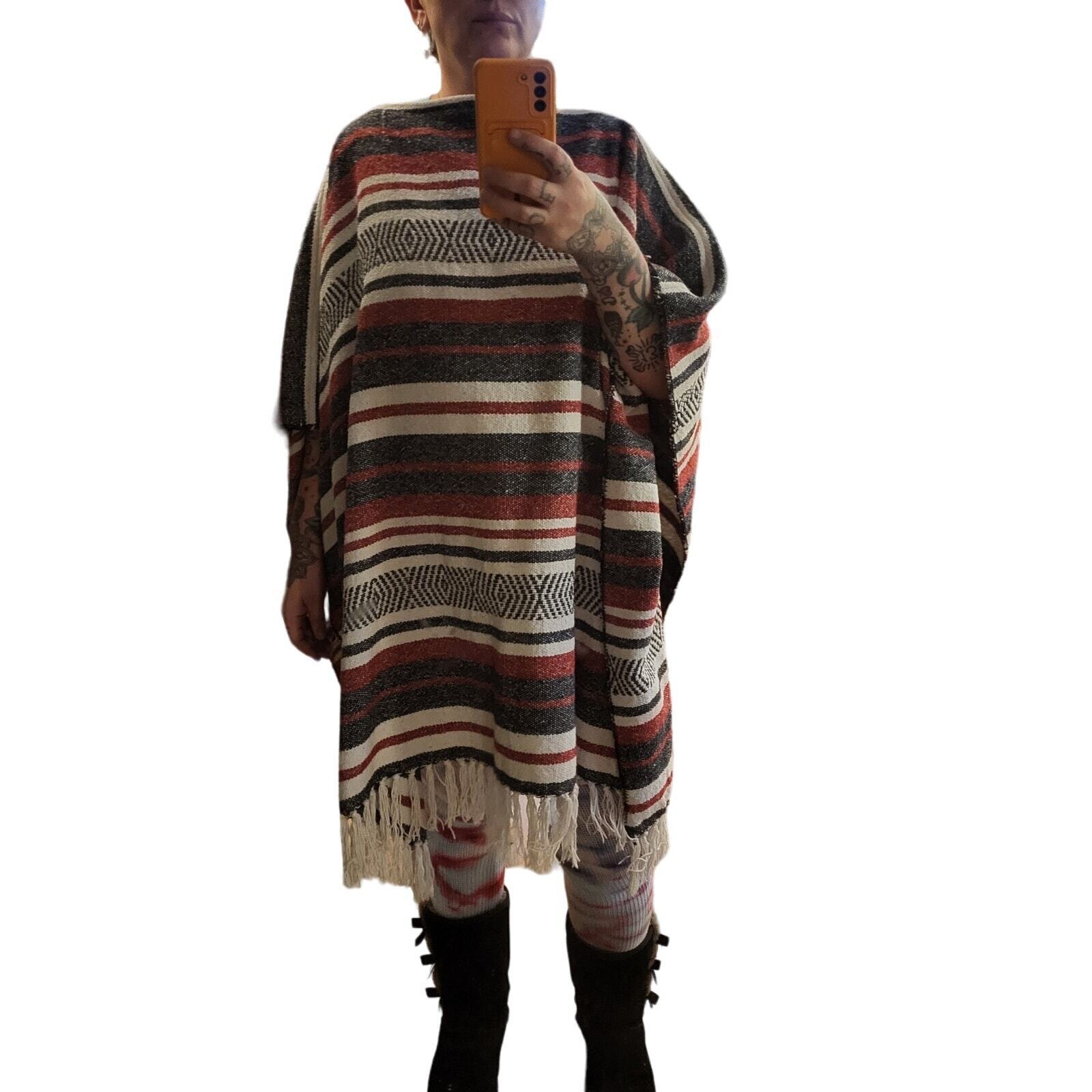 Handmade Red Black White Striped Mexican Blanket Poncho 2 Ways to Wear 