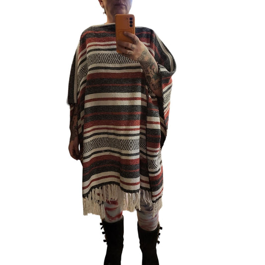 Handmade Red Black White Striped Mexican Blanket Poncho 2 Ways to Wear 