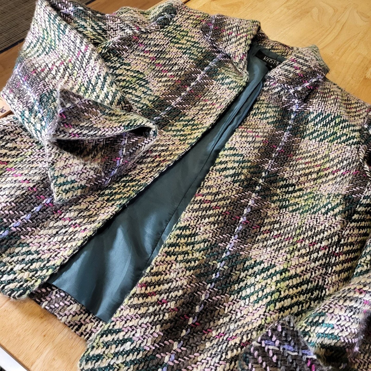 Kasper Pink & Green Tweed Coat 23" Long 19" P2P Pockets Super Cute