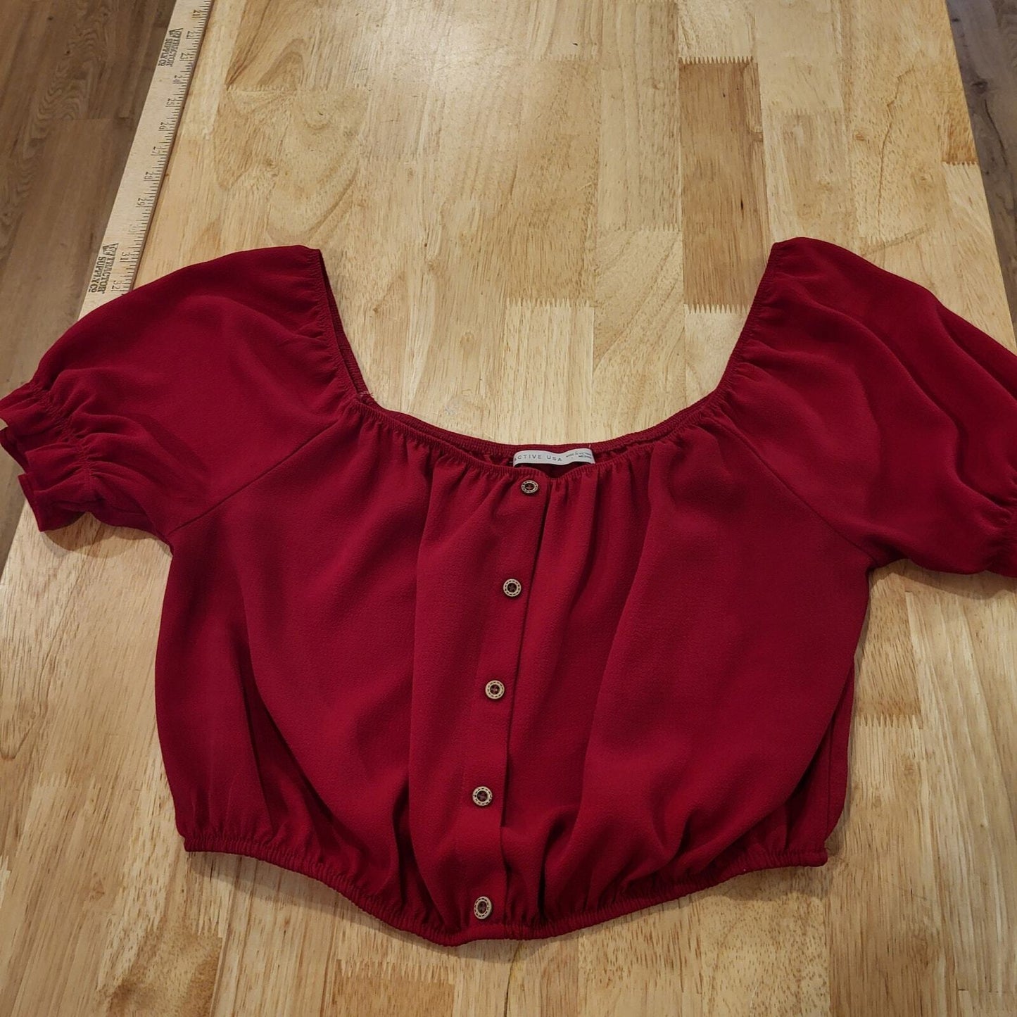 Red Elastic Cold Shoulder Bardot Crop Top Short Puff Sleeve Coquette medium 26"