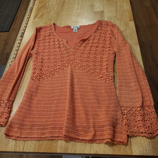 Lilly Pulitzer salmon knit crocheted pullover sweater small 15" Pit 2 pit lined