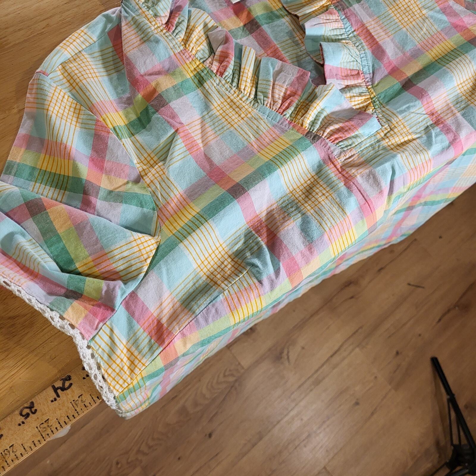 Crown & Ivy Pastel Plaid Ruffle Collar 3/4 Sleeve 25" Long 23" P2P