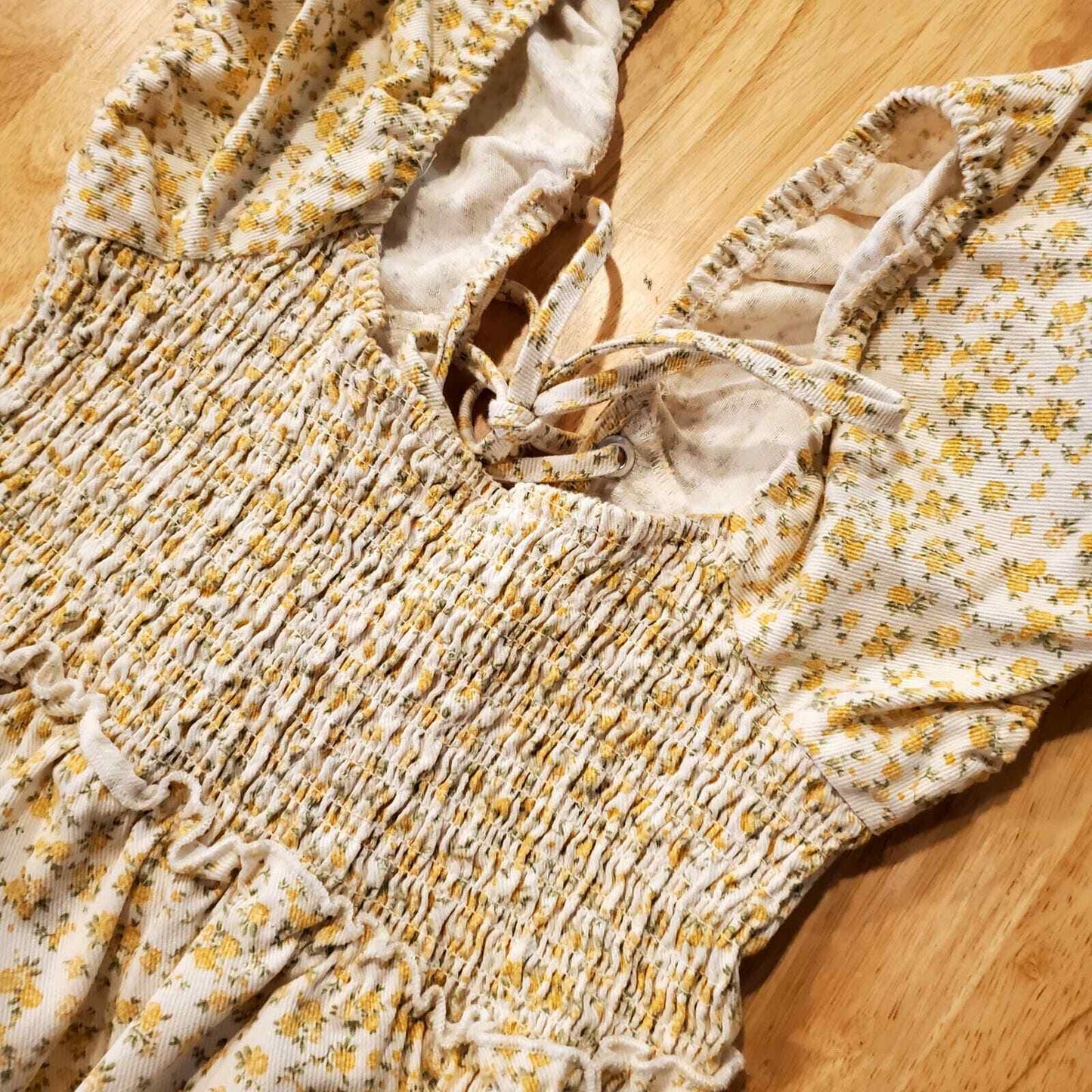 Yellow Floral Denim Puff Sleeve Laced Front Mini