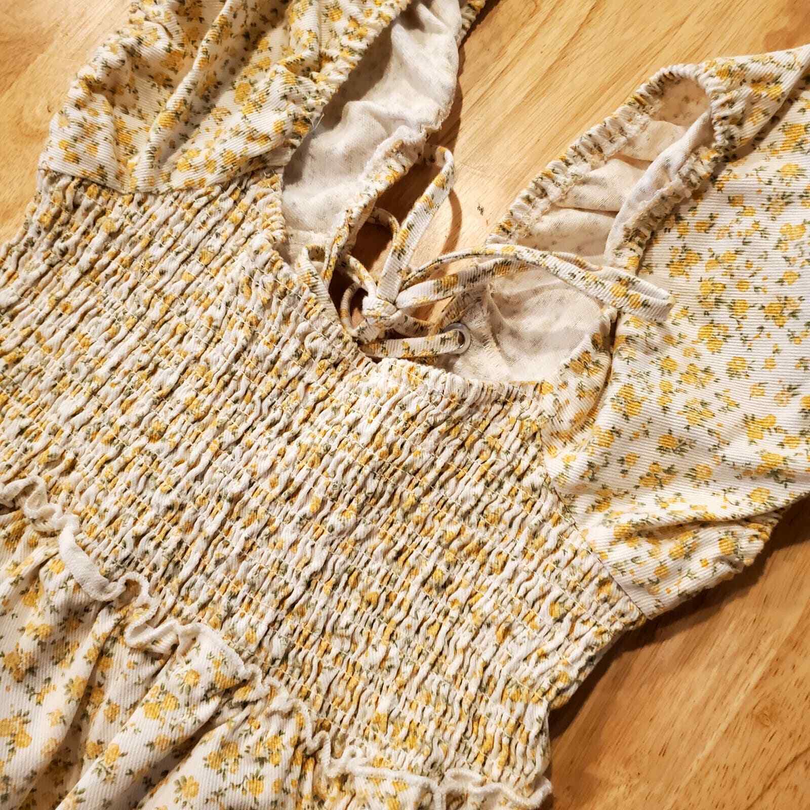 Yellow Floral Denim Puff Sleeve Laced Front Mini