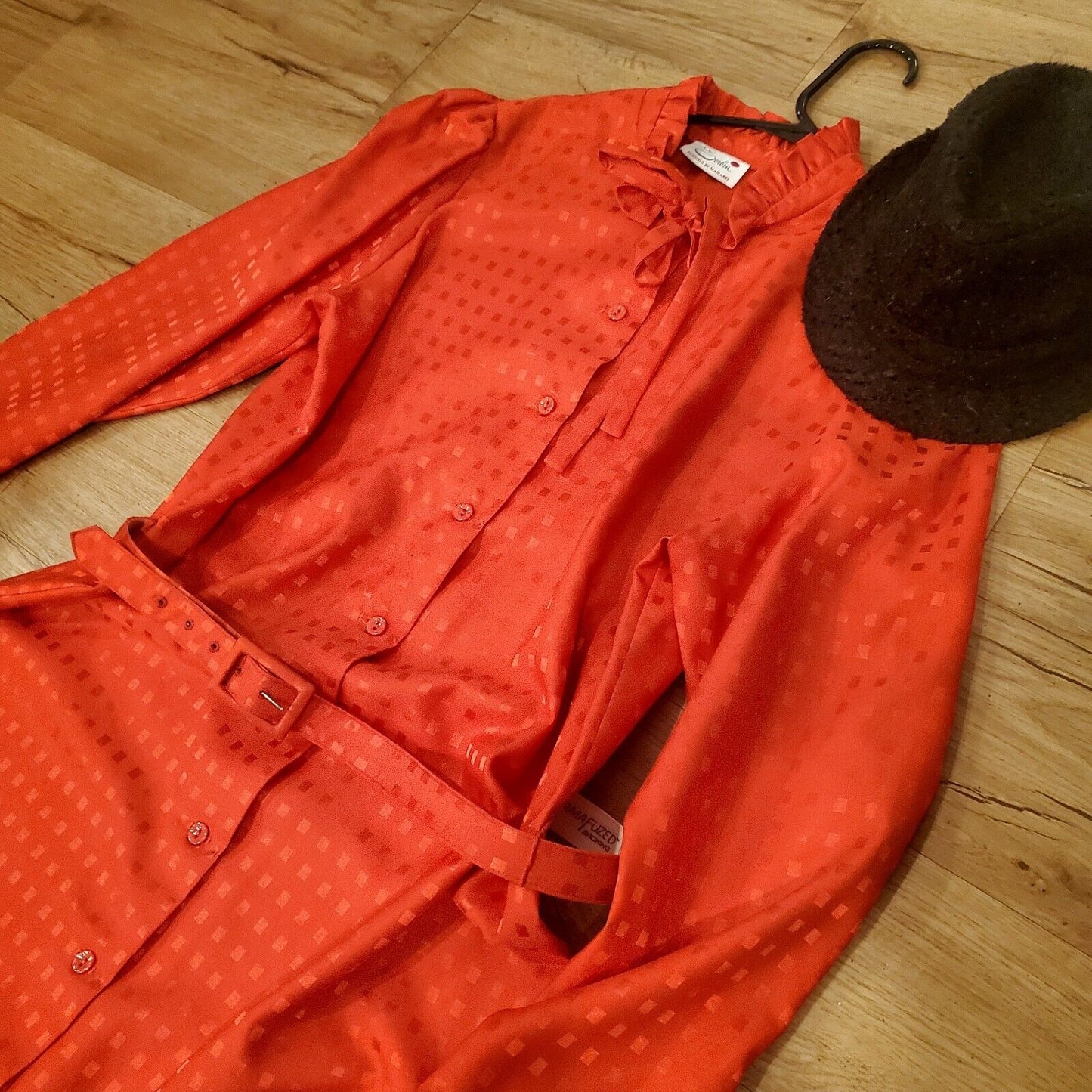 Vintage Red Polyester Shirt Dress Red Check Sateen Ruffle Collar & Cuff Belt