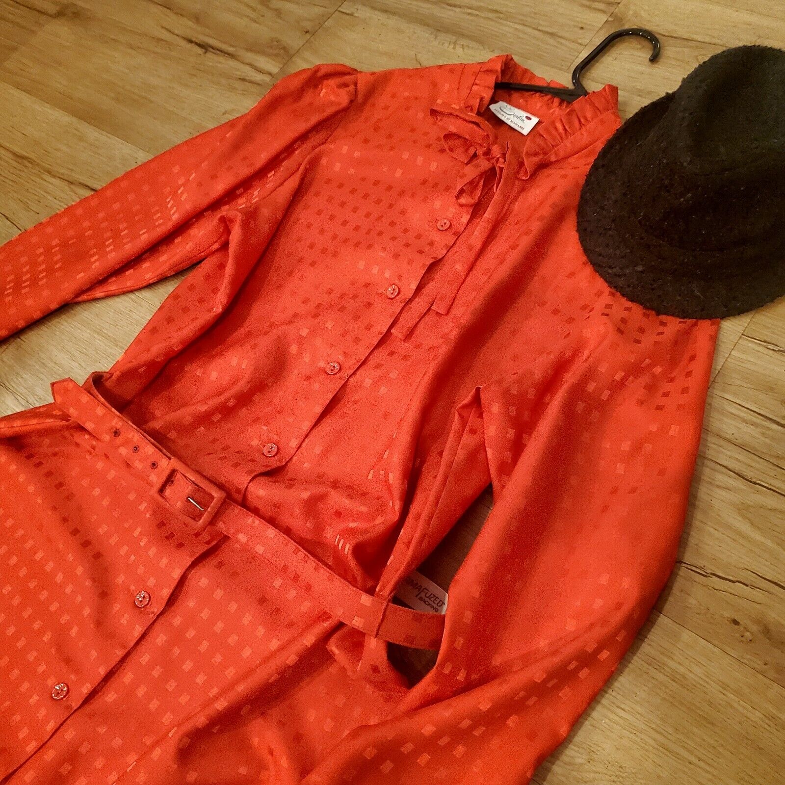 Vintage Red Polyester Shirt Dress Red Check Sateen Ruffle Collar & Cuff Belt
