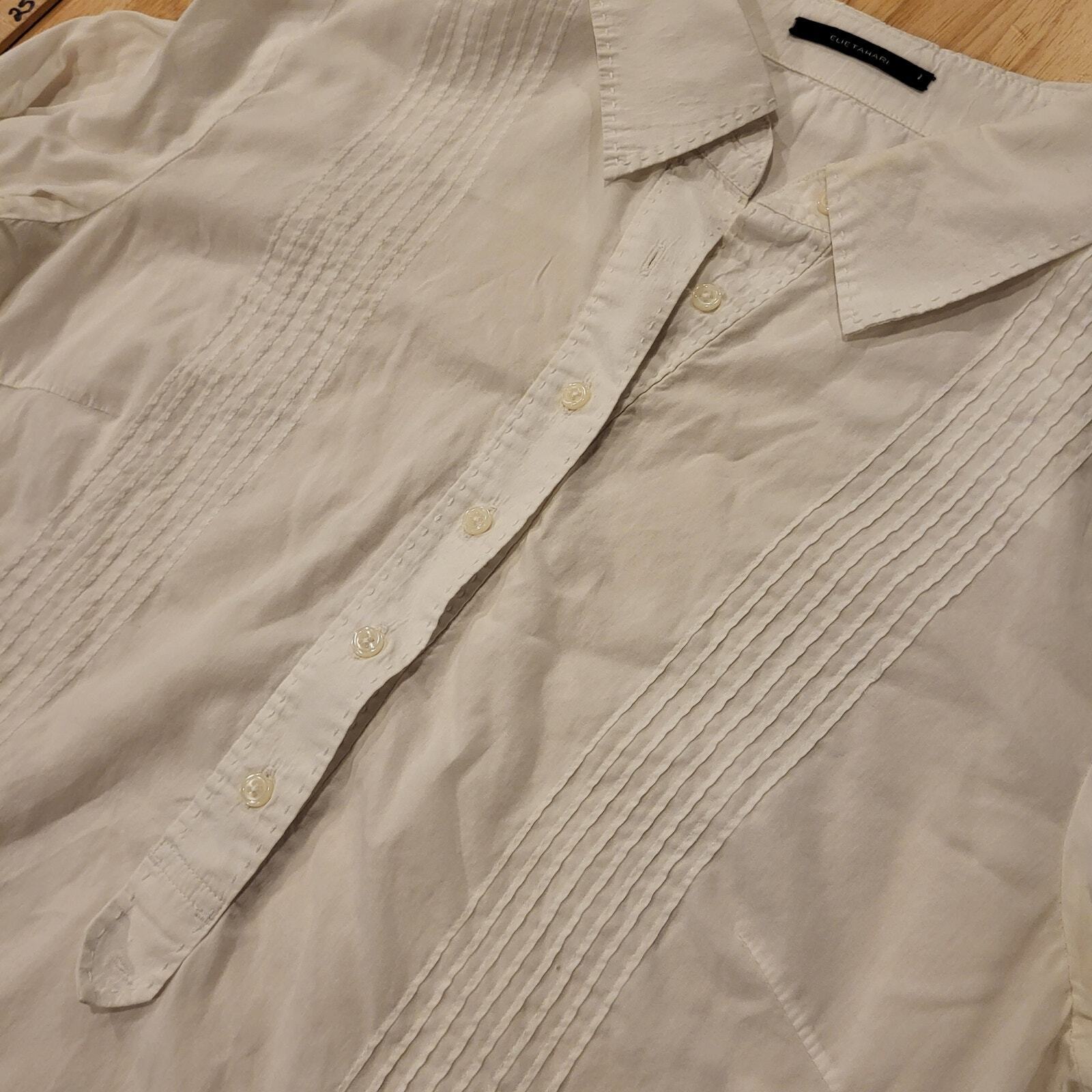 Tahari White Cotton Blouse Pleated Lattice Hem Button Detail 19" P2P