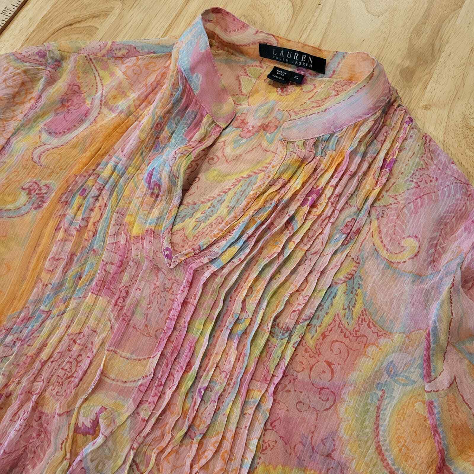 Women's Lauren By Ralph Lauren  100% Silk Pleated Front Mandarin Collar Chiffon 