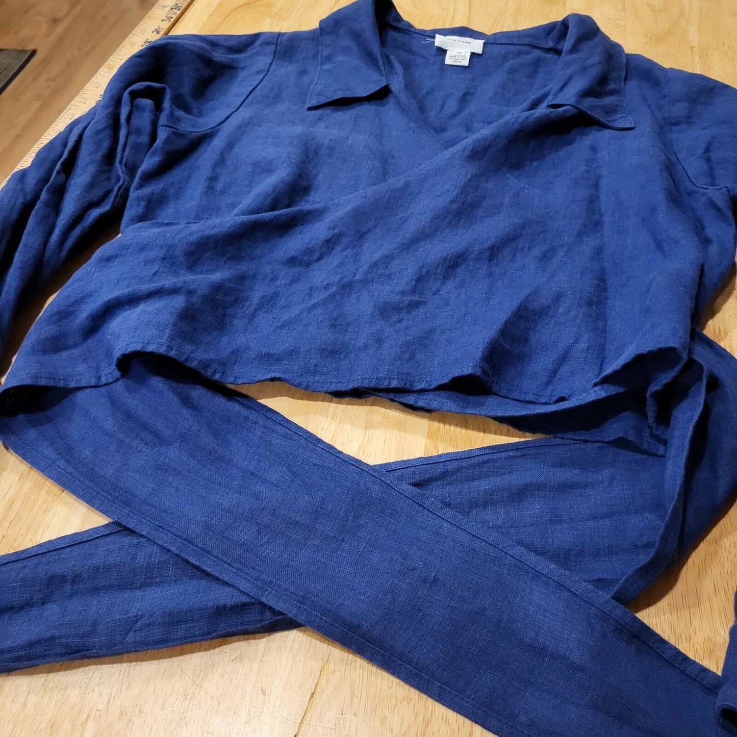 R. G. Kane Rosie Wrap Blouse Blue XS 100% Linen Made in USA 18" P2P