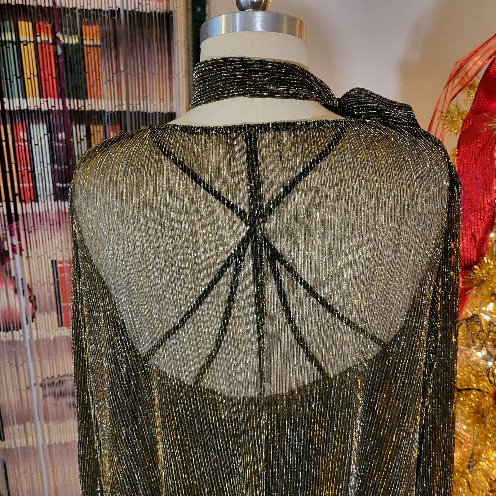 Gold Metallic Vintage Sheer Maxi Dress Long Sleeve Belt 24" P2P Ribbed