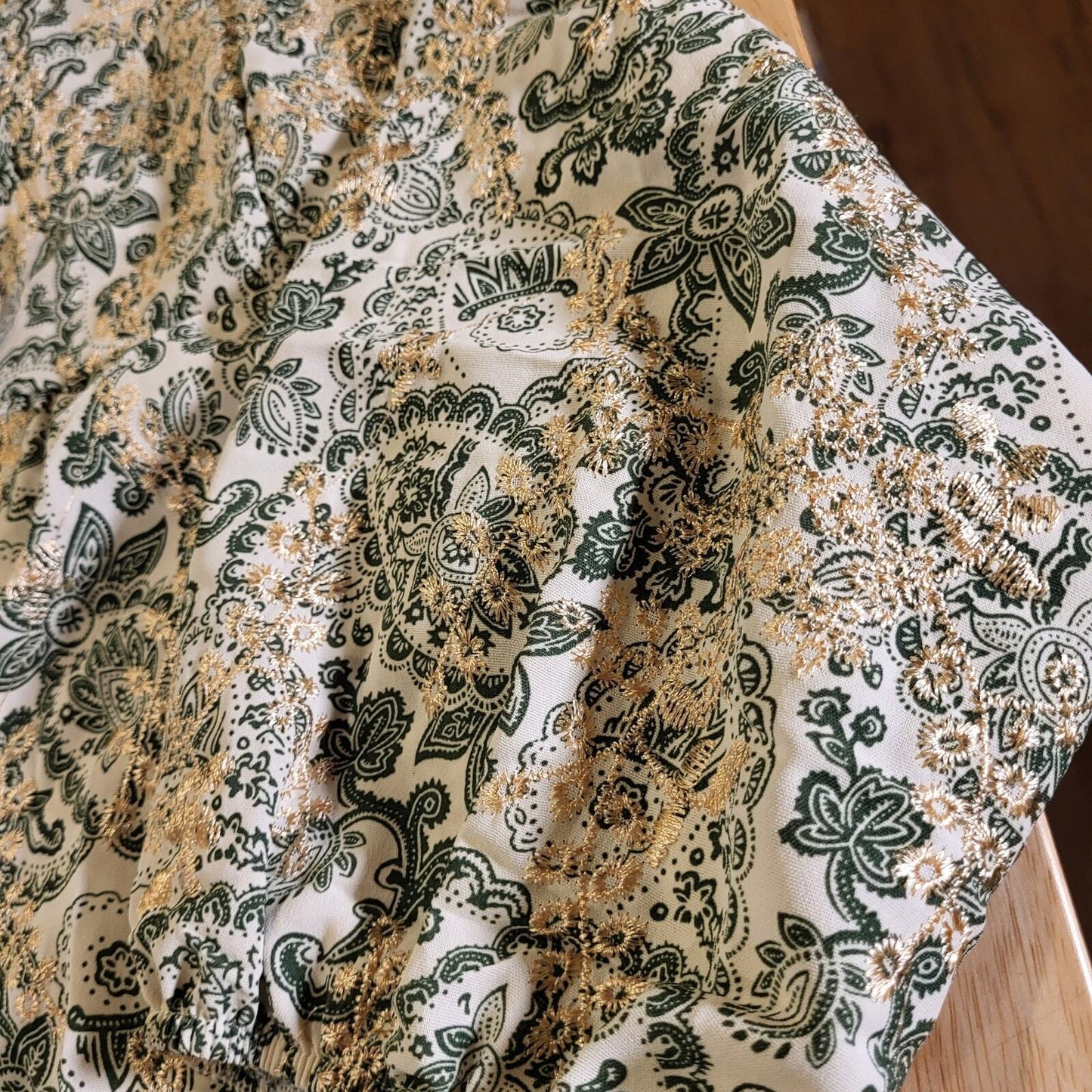 Paisley Green & Cream Ballon Sleeve Blouse All Over Embroidery medium Tassel Tie