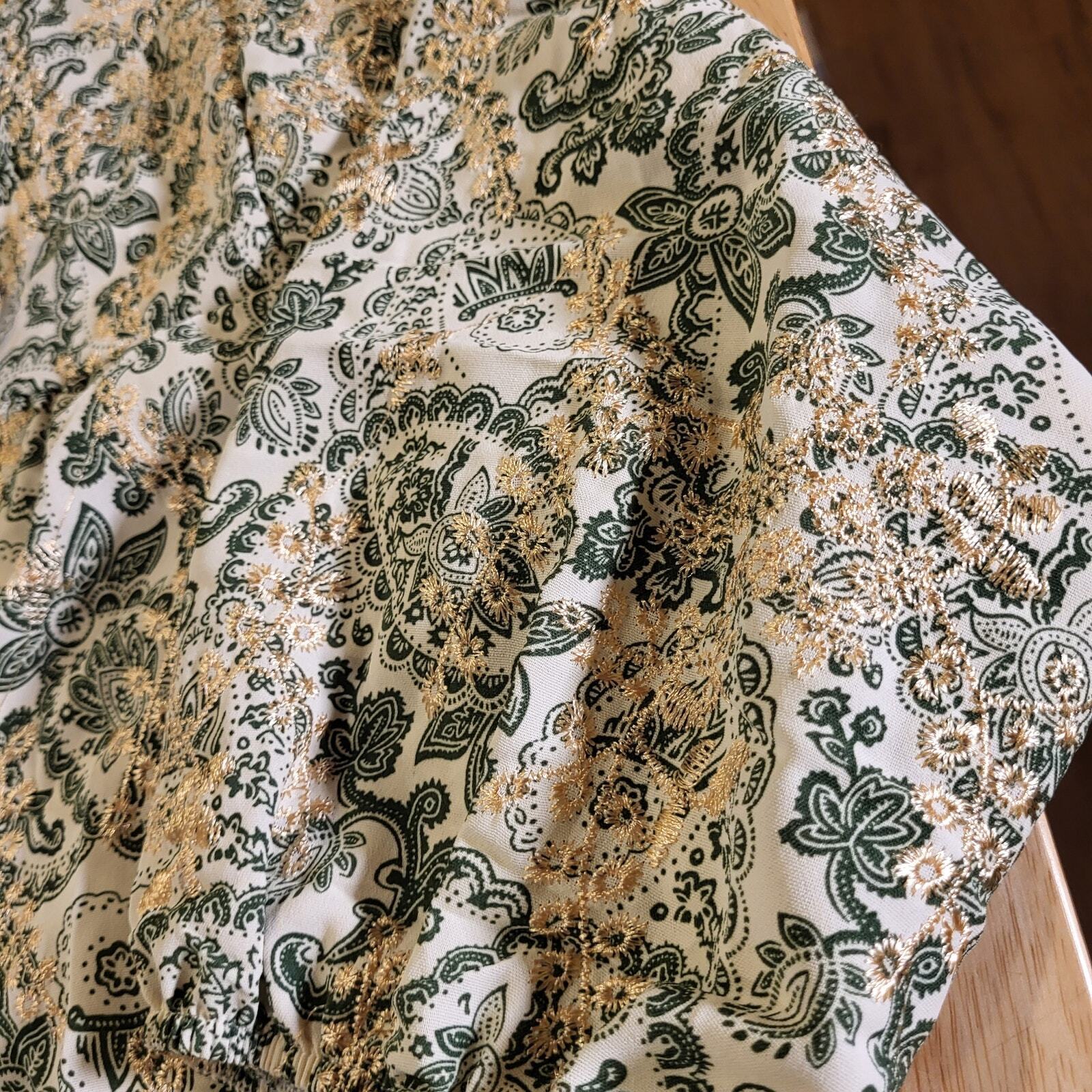 Paisley Green & Cream Ballon Sleeve Blouse All Over Embroidery medium Tassel Tie