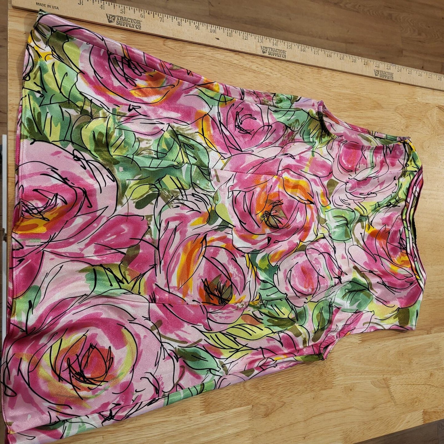 Satin Pink & Green Floral Rose Sleeveless Tank Blouse Spense Small