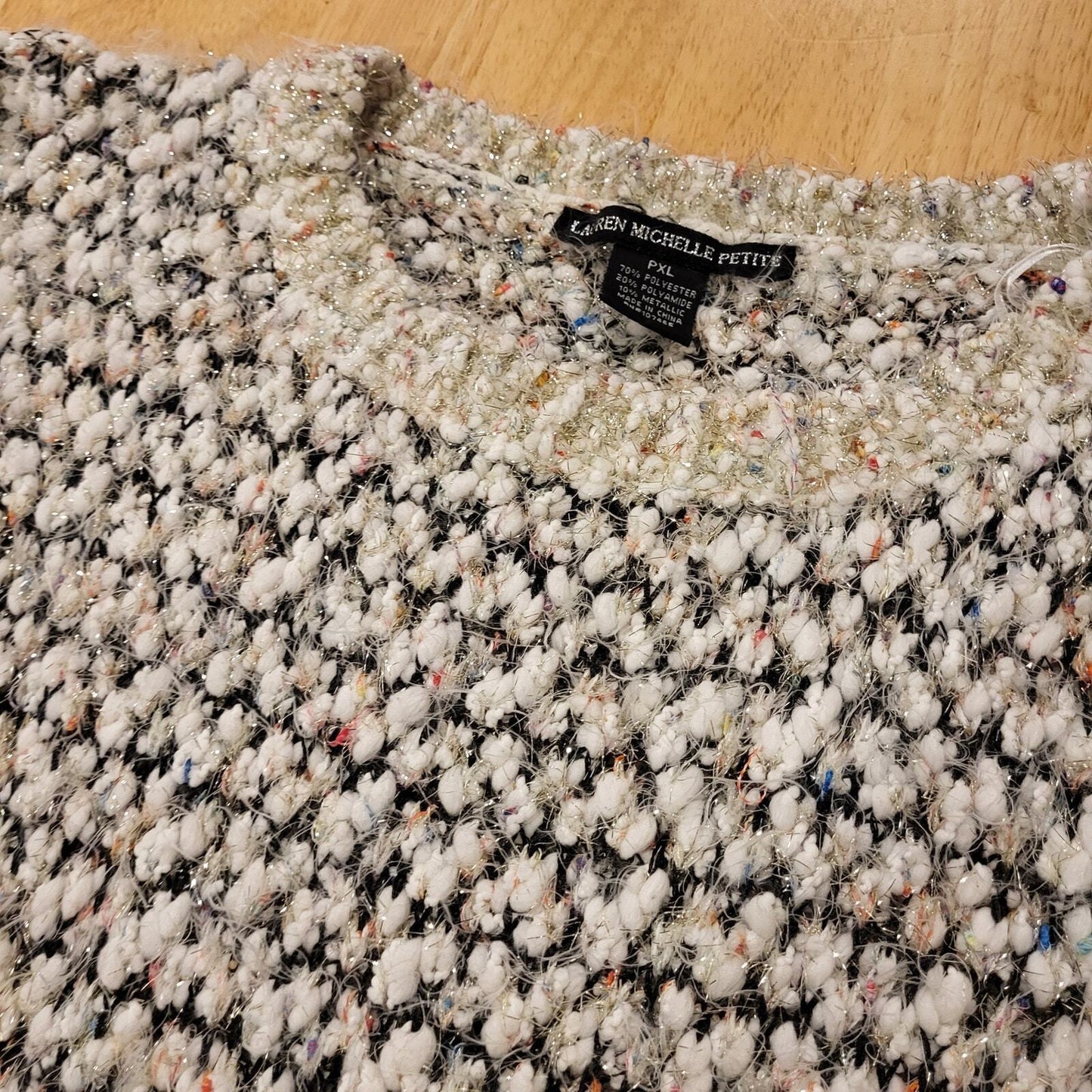 Lauren Michelle Petite PXL Chunky Metallic Knit Sweater Silver Black White