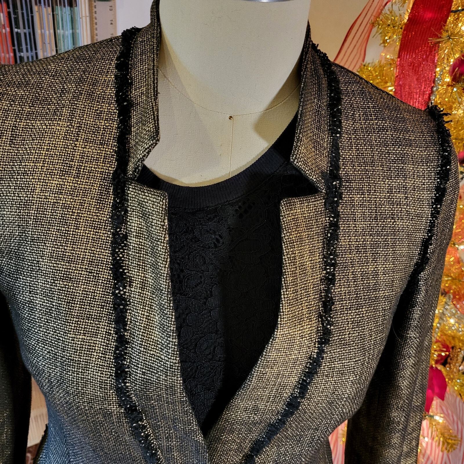 Rachel Zoe Cotton Gold & Black Metallic Blazer Coat Magnet Button Size 10