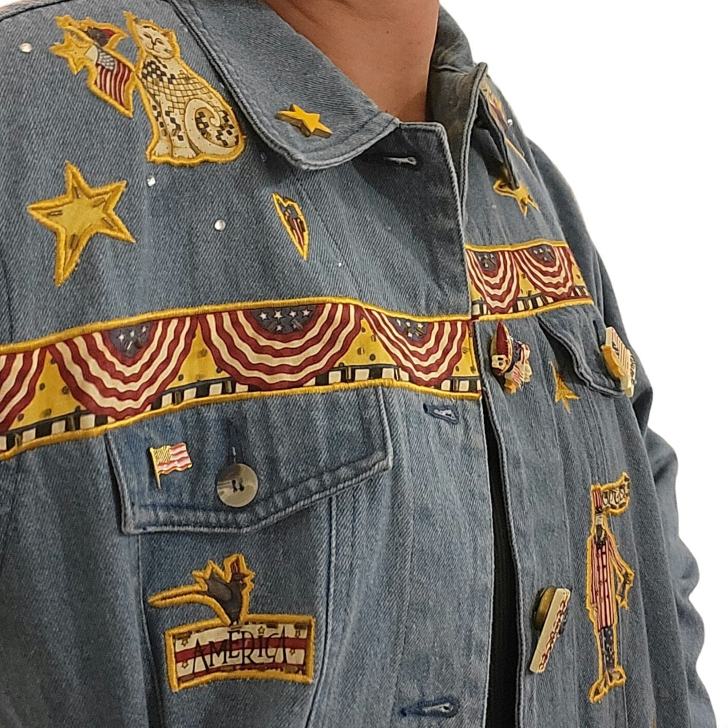 The Quacker Factory America Embroidered Jean Jacket Small