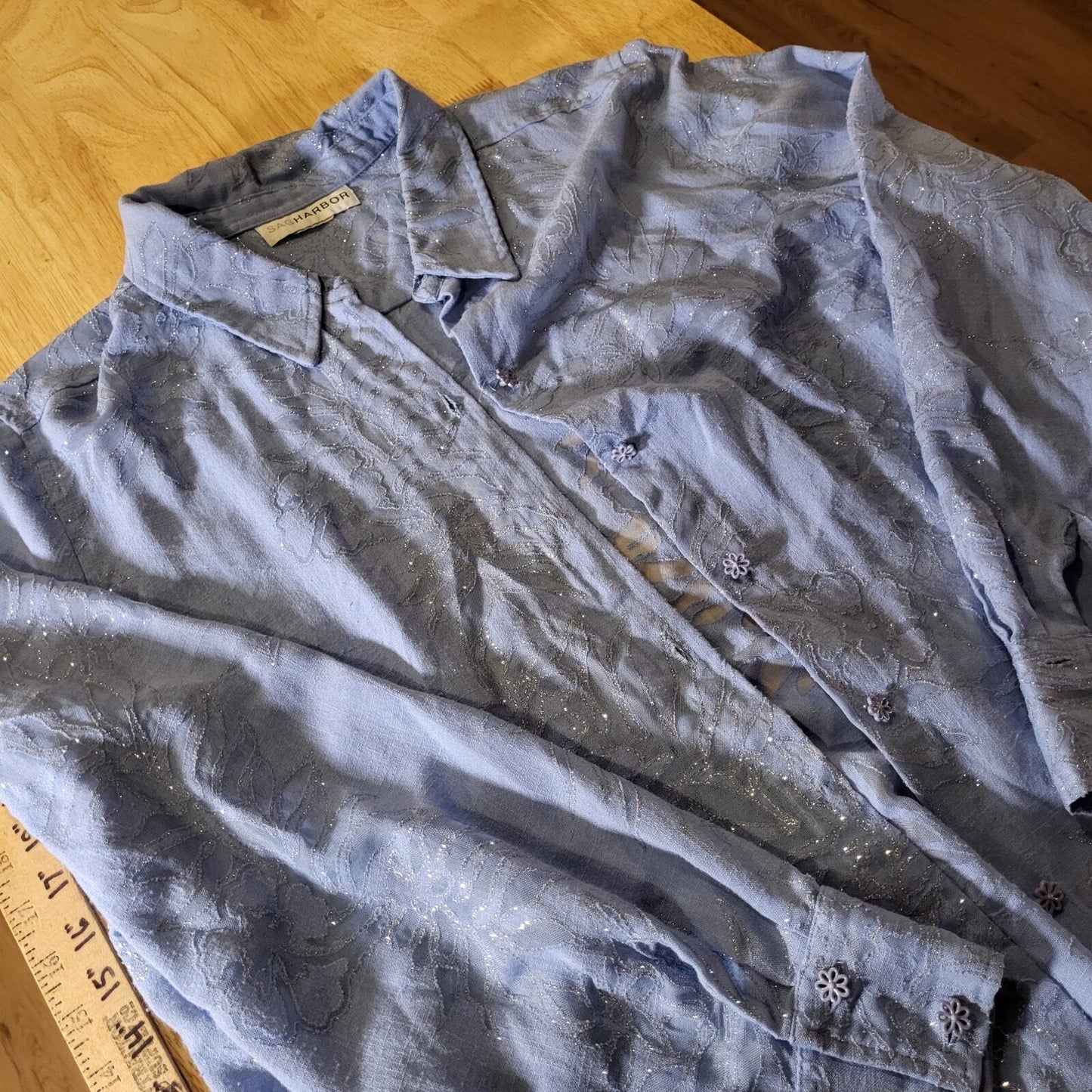 Sag Harbor Blue Metallic Burnout Flor Button Collard Sheer 23" P2P 24" Long 