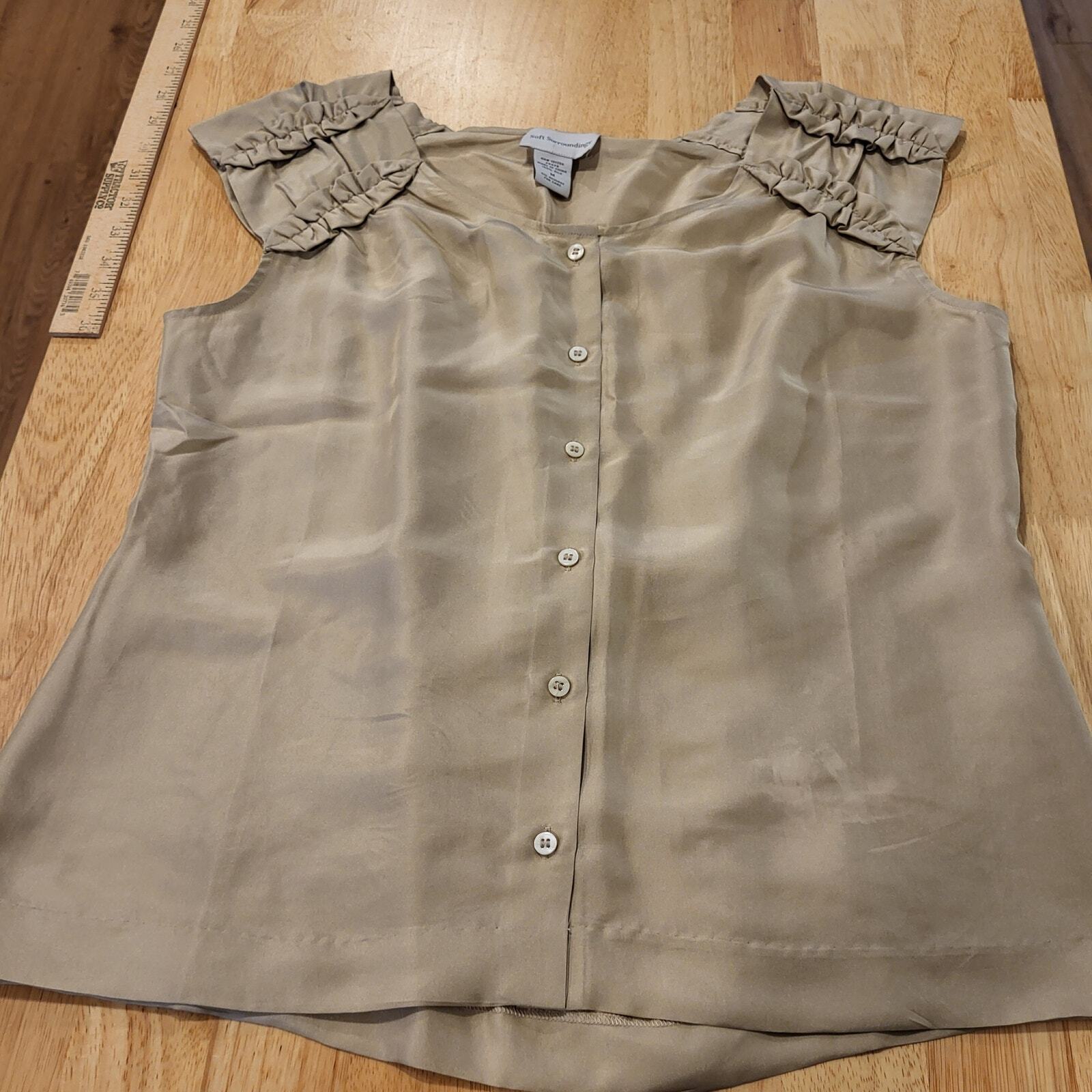 Beige Soft Surroundings 100% Silk Sleeveless Blouse shoulder ruffle button front