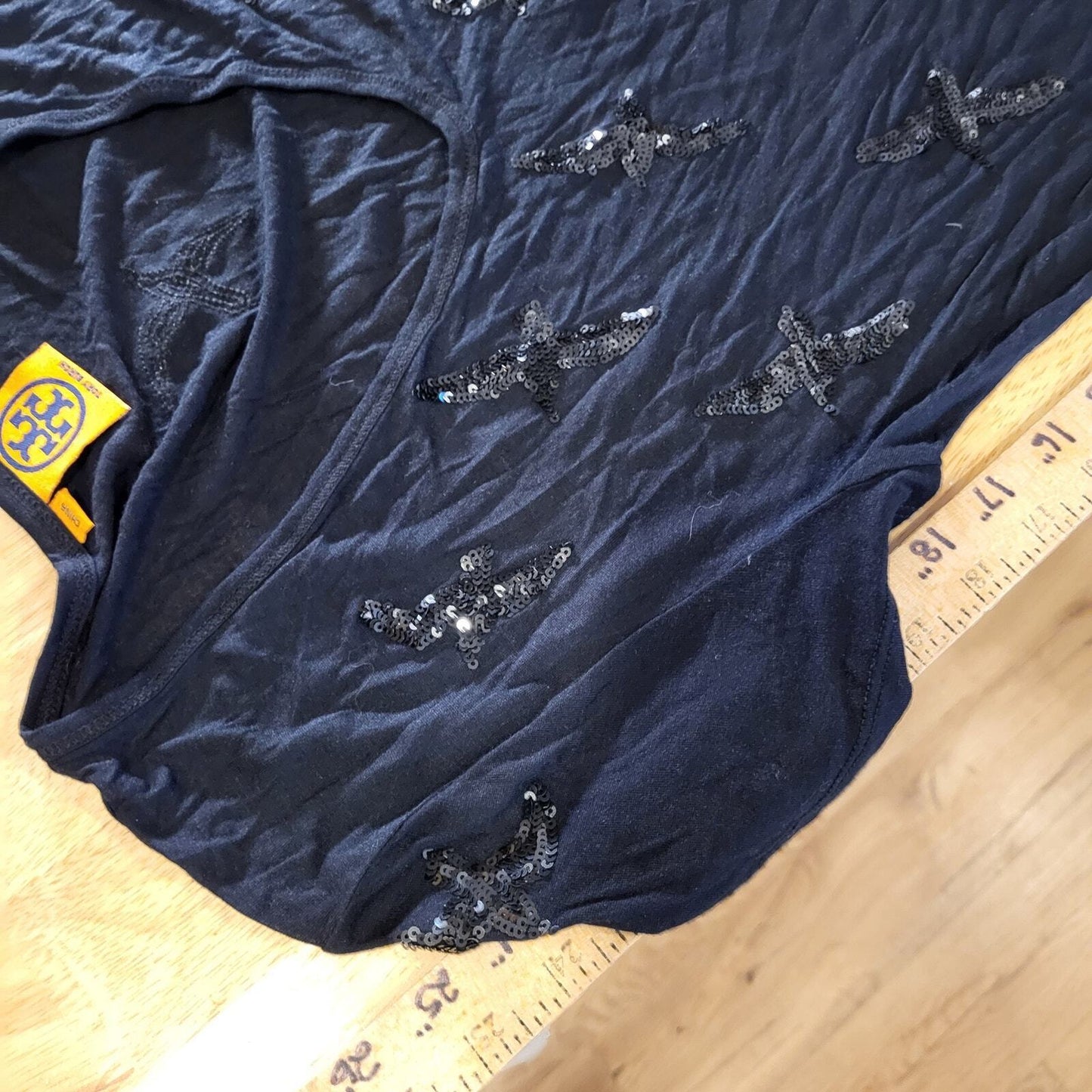 Tory Burch Black t-shirt Sequin Bird Embroidery XS 17" P2P 26" long 