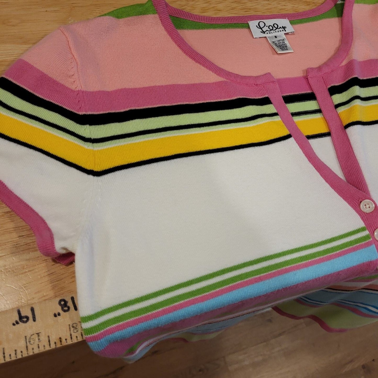 Lilly Pulitzer Pink Green Blue Stripe Knit Cap Sleeve Small Top 18" P2P Button