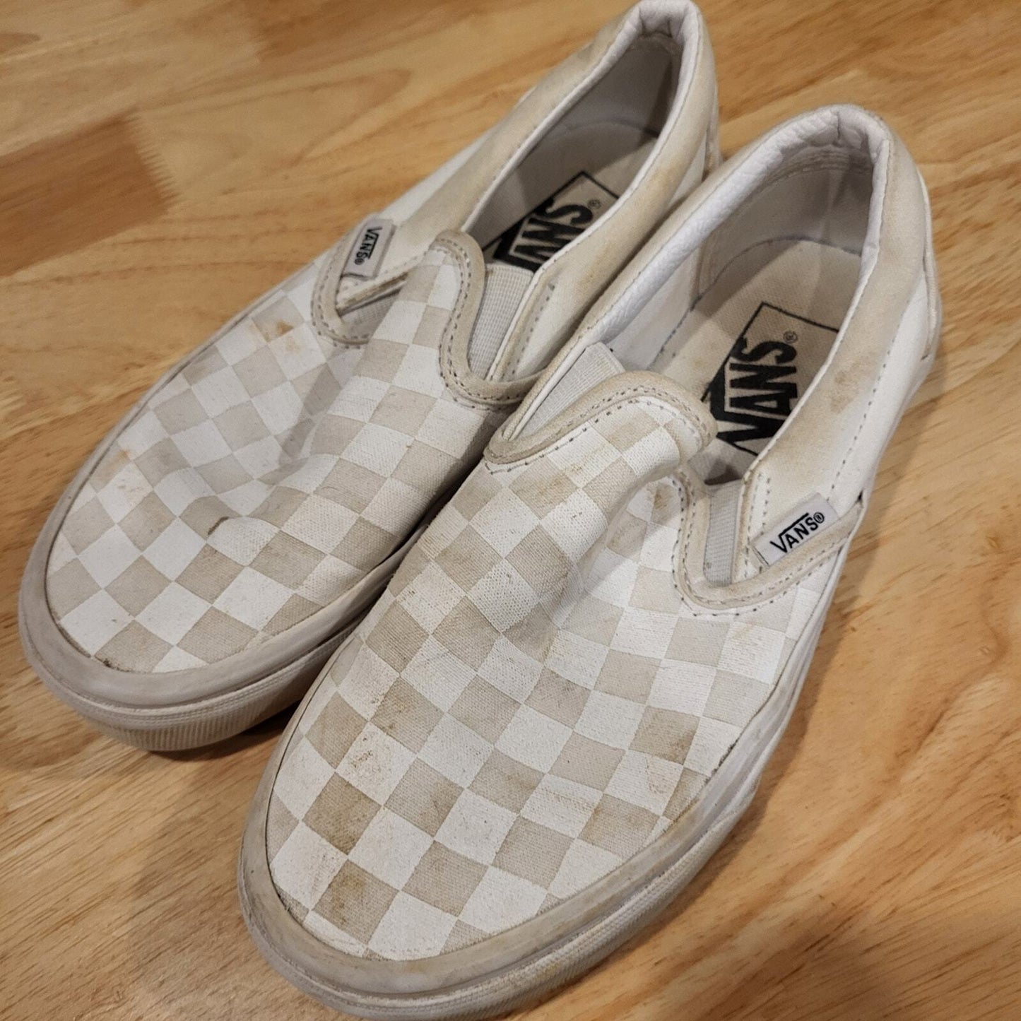 Us Women's Size 6 Vans Checkerboard Slides Beige White 9"