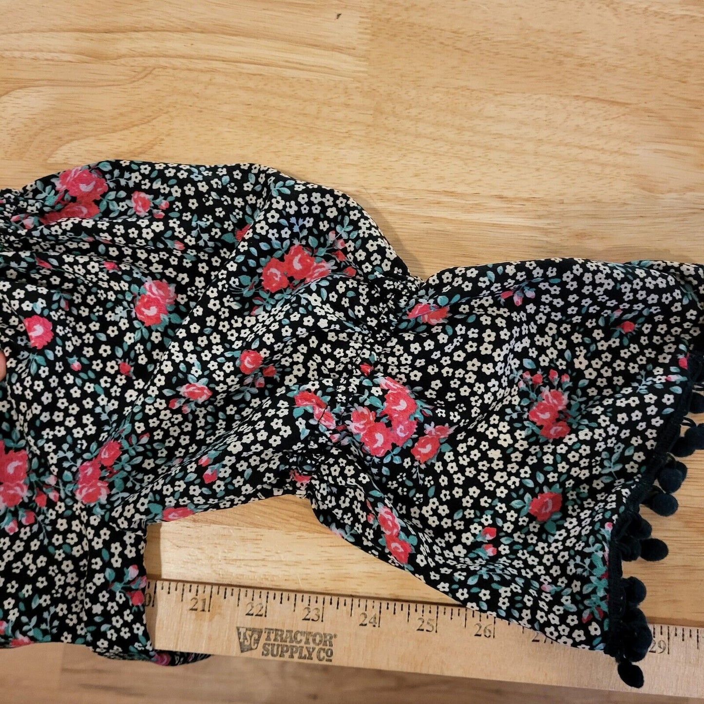 Floral dress Size Large Black & Pink Pom Pom Hem A-line Off The Shoulder Elastic