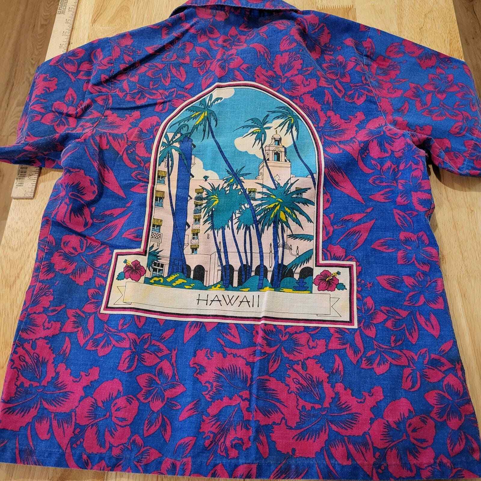 Vintage US Blue Pink 100% Cotton Hawaiian Short Sleeve Button Down 19" Pit 2 Pit