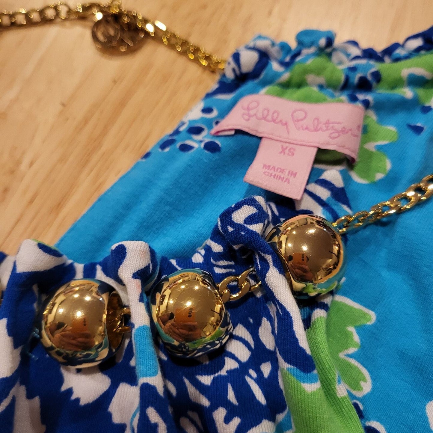 Lilly Pulitzer Calissi Sound The Horn Maxi Jersey Dress Gold Necklace Neckline