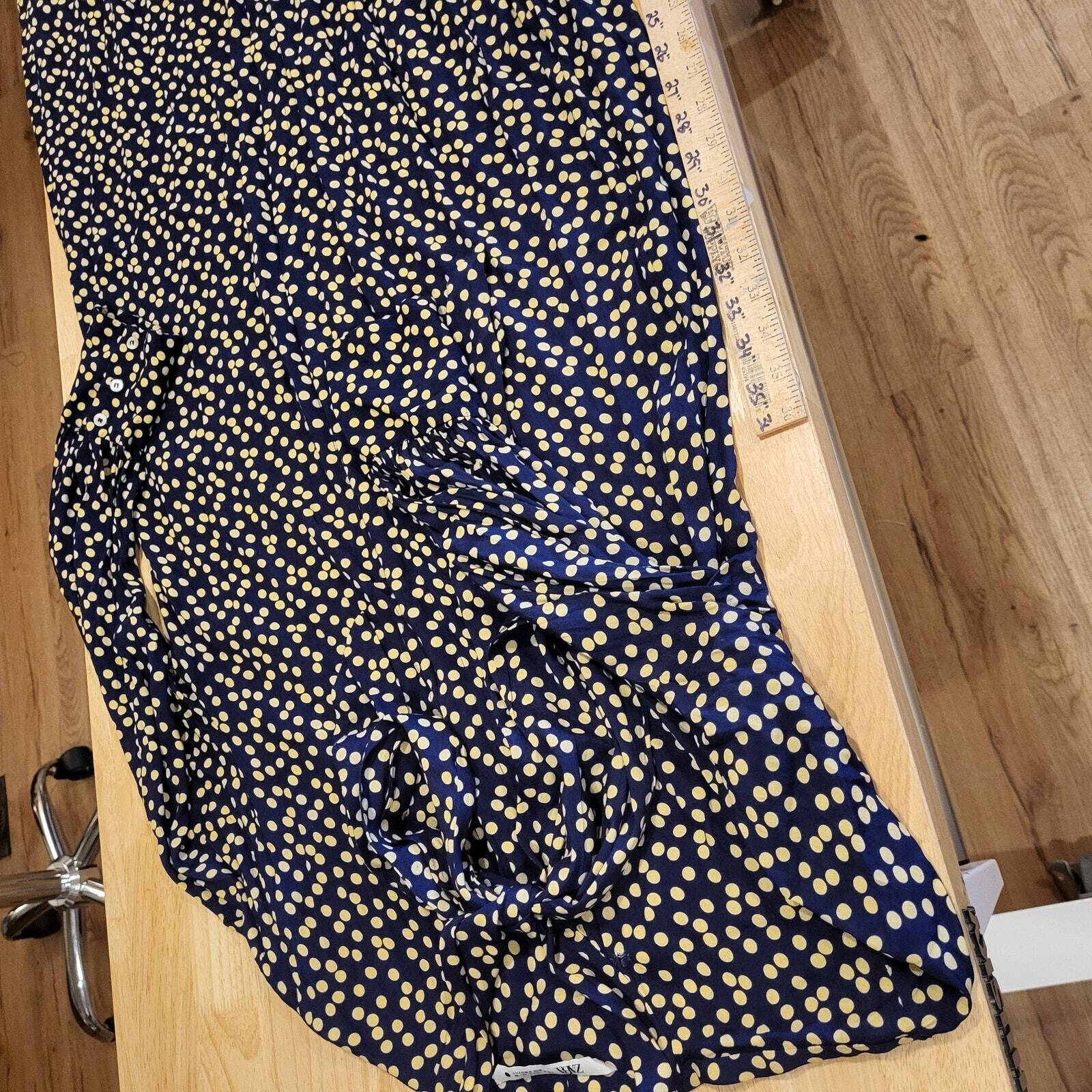 Zara Long Blue & Yellow Polka Dot Button Maxi Shirt Dress Tie Collar Large Nylon