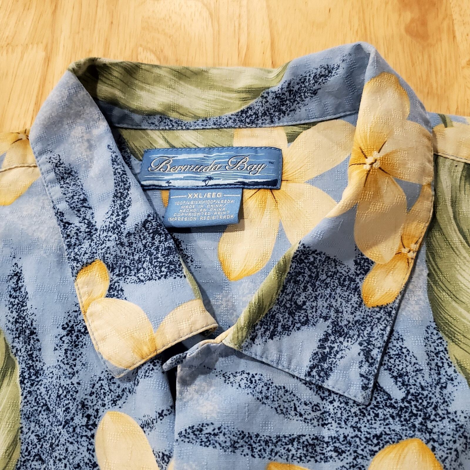 Bermuda Bay 100% Silk XXL Hawaiian Print Button Down Yellow Blue Floral 