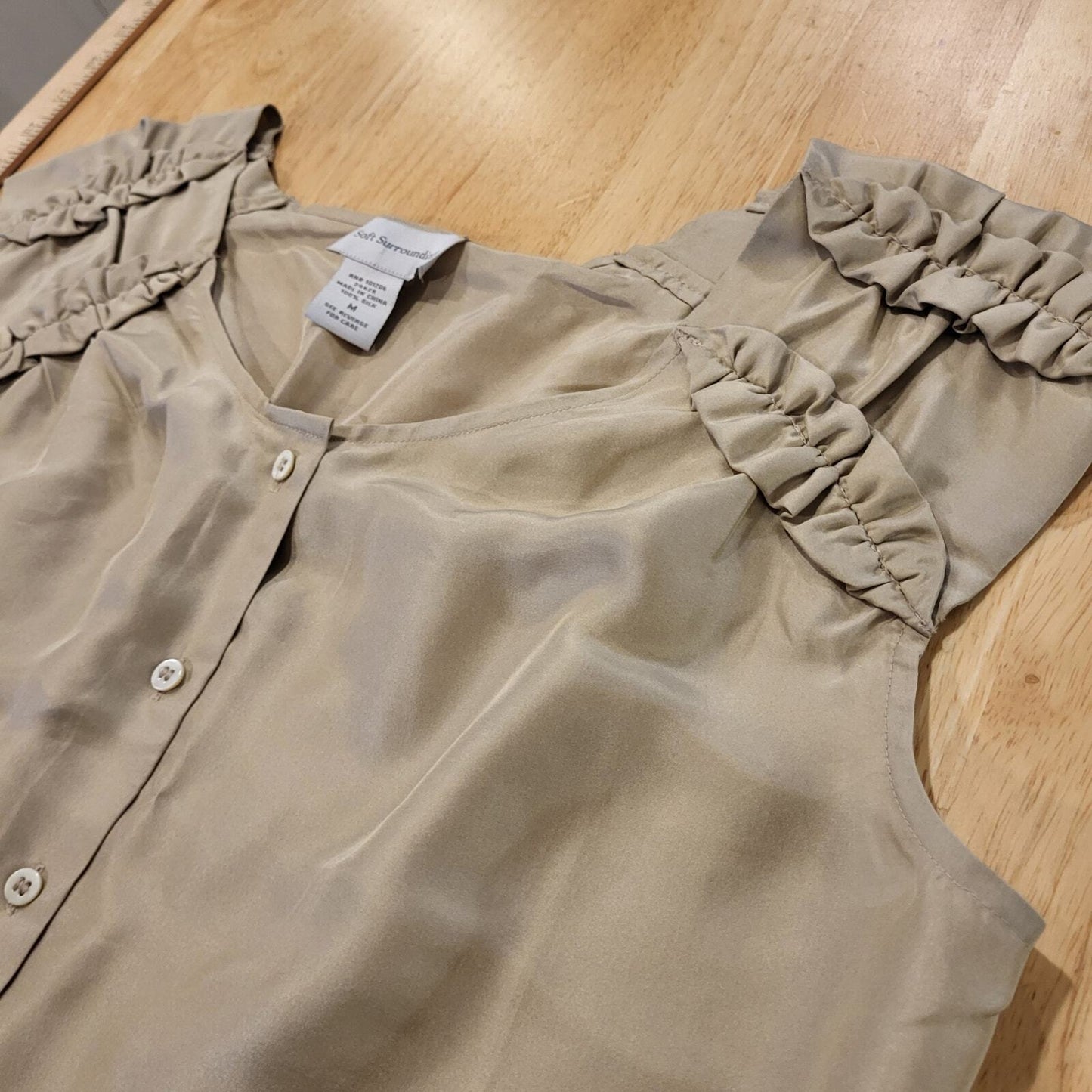 Beige Soft Surroundings 100% Silk Sleeveless Blouse shoulder ruffle button front