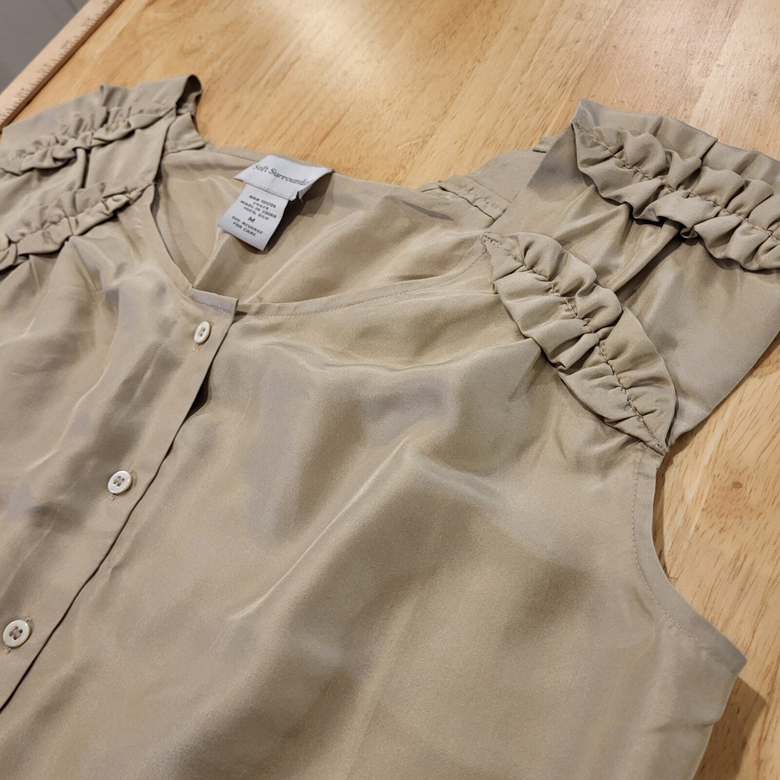 Beige Soft Surroundings 100% Silk Sleeveless Blouse shoulder ruffle button front